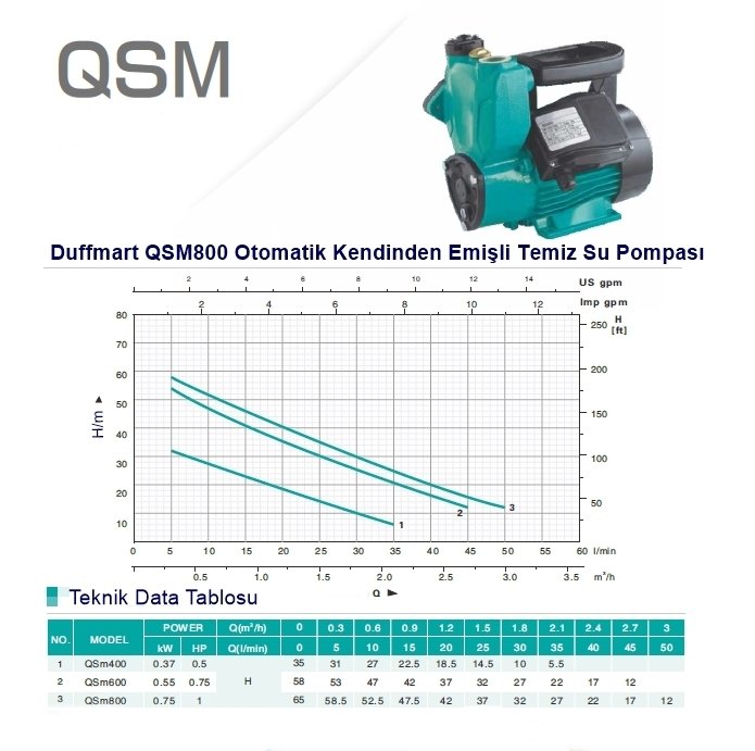 Duffmart QSM800 Kendinden Emişli Sıcak Soğuk Su Pompası